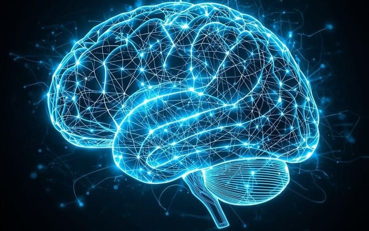Futuristic glowing blue brain neural network graphic for THE VIP II digital product