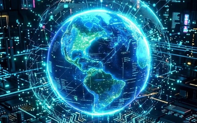 Futuristic tech-themed digital banner with a glowing Earth globe and circuit-style world network for THE ELITE II