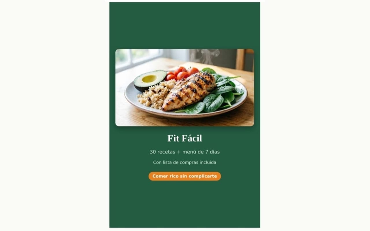 Portada de ebook en español Fit Fácil con plato de comida saludable y texto 30 recetas y menú de 7 días