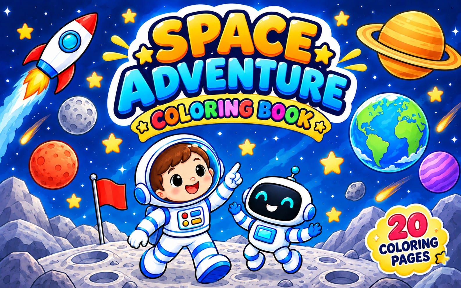 Kids space adventure coloring book cover with two astronauts, rockets, planets, and 20 coloring pages badge