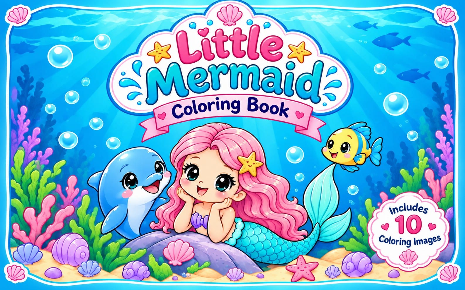 Little Mermaid themed kids coloring book cover with cartoon mermaid and sea animals under the ocean, includes 10 images