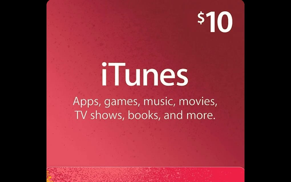 Red $10 iTunes gift card showing iTunes logo and apps games music movies text