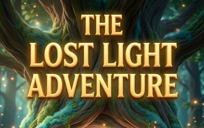 The Lost Light Adventure kids digital storybook cover PDF A4 with glowing title text over forest background