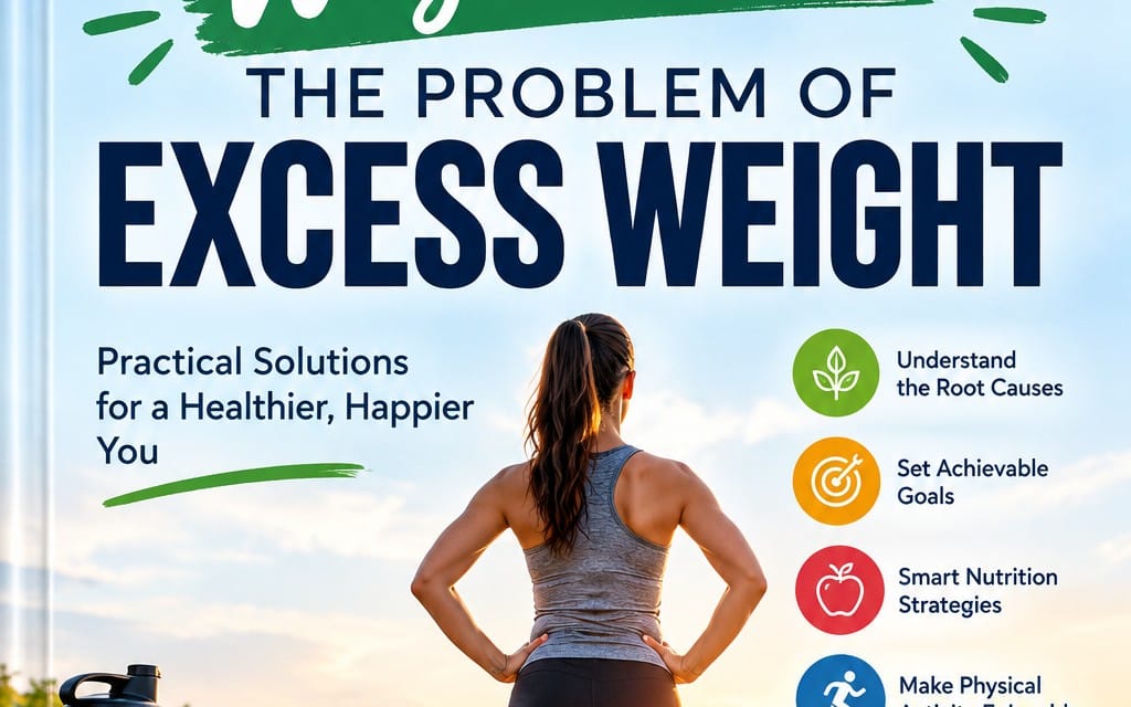 Weight loss ebook cover with title The Problem of Excess Weight and woman standing outdoors with nutrition icons