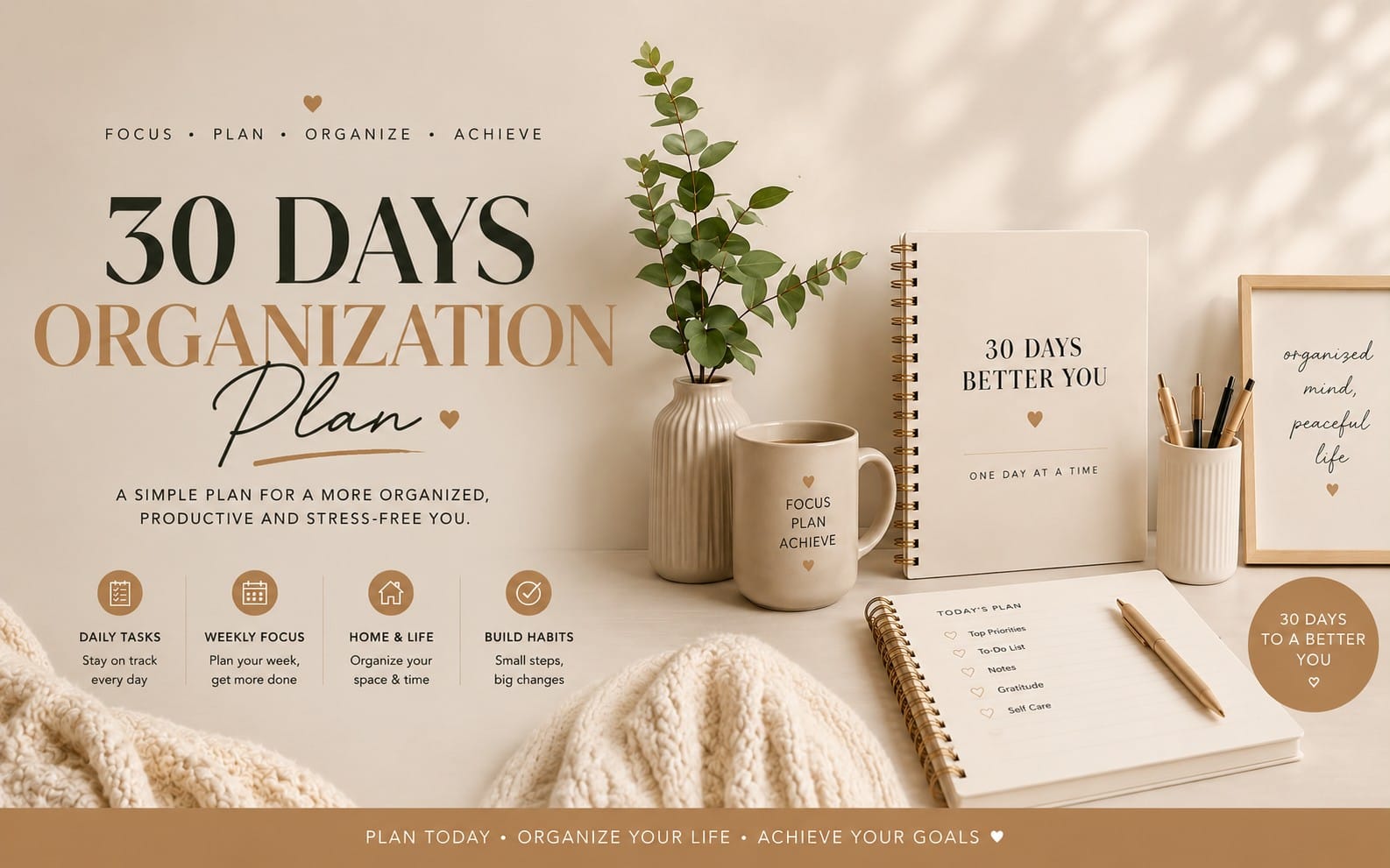 30 Days Organization Plan planner design with desk setup, notes, mug, pens, and motivational text
