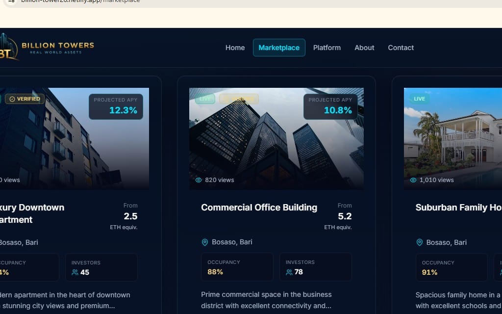 A real-world real estate marketplace with three property cards, including office building and apartment previews