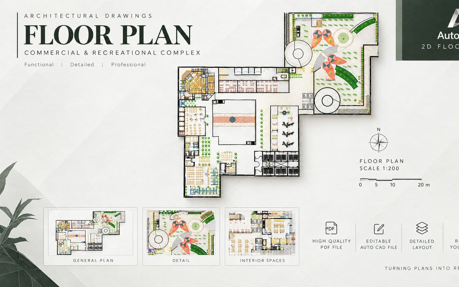 Commercial complex sunken courtyard ground floor architectural drawing with labeled spaces and courtyard landscaping