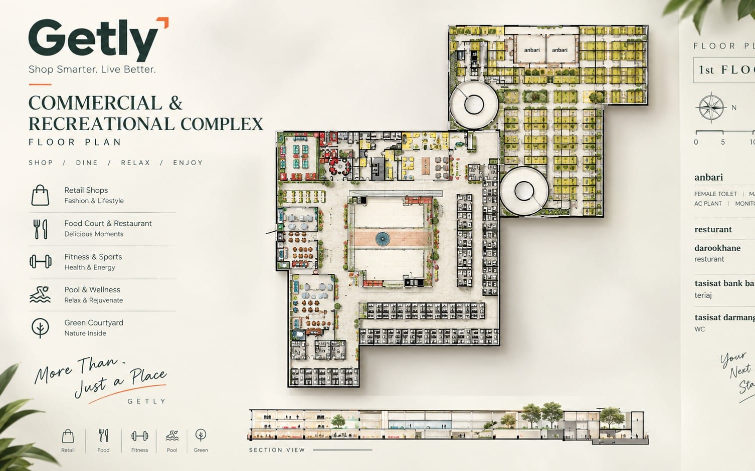 Commercial complex architectural first-floor plan drawing with courtyard, sections, and labeled amenities