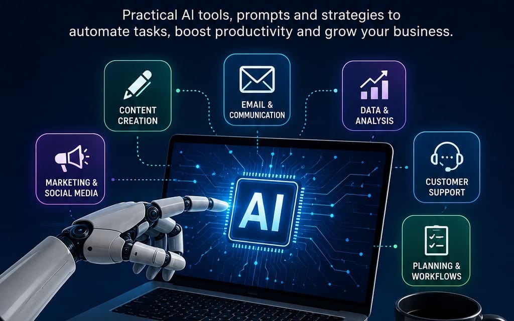 Business AI productivity digital guide with laptop, robot icons, and workflow categories like content, email
