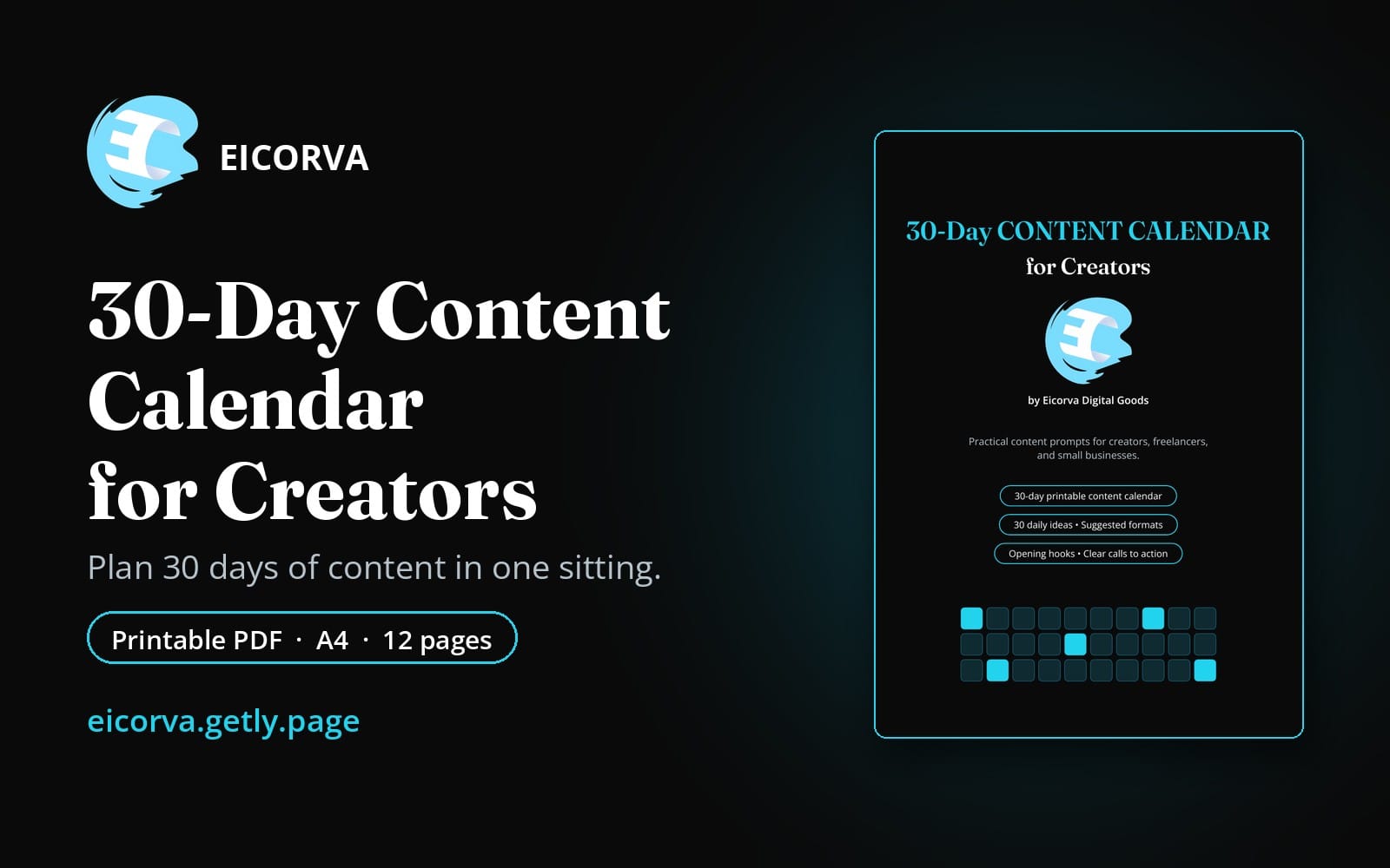 Design mockup for a 30-day content calendar for creators, showing printable PDF cover and details