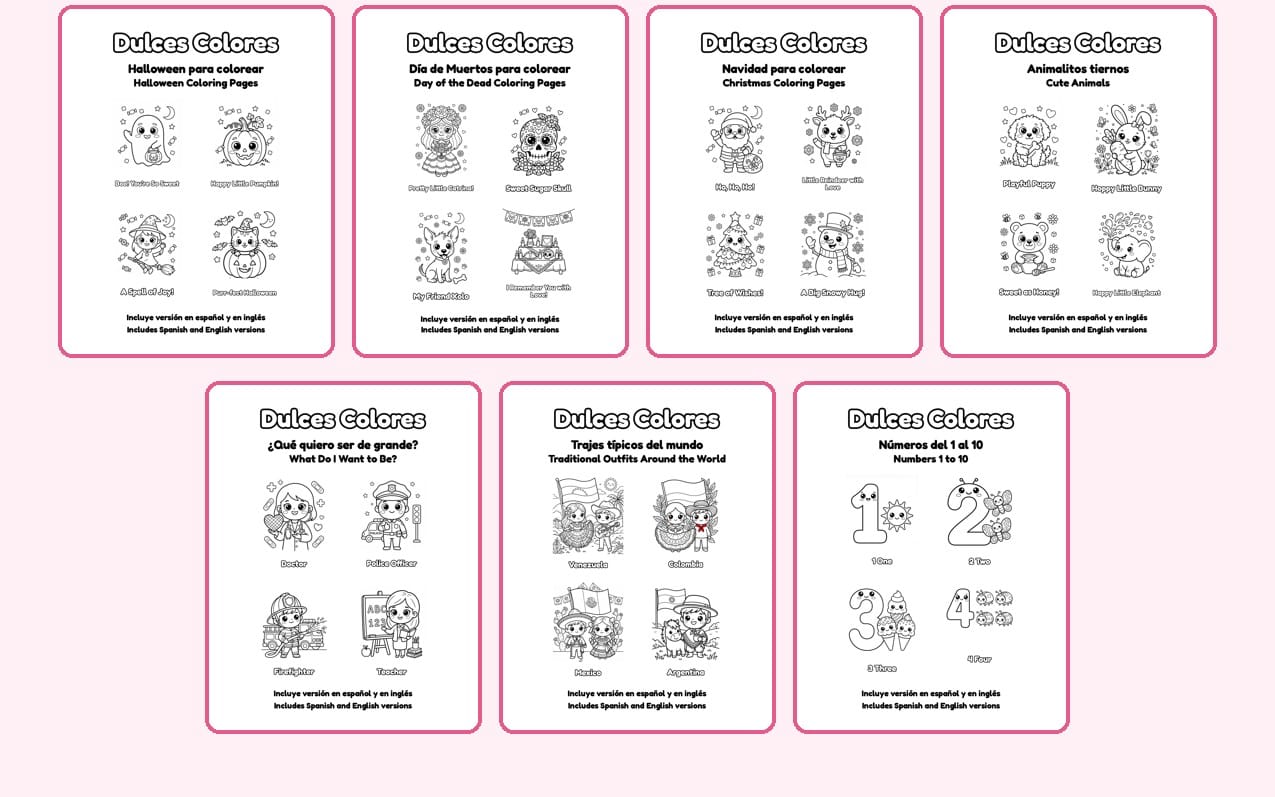 Paquete 7 guías para colorear - 72 dibujos originales | 7 Coloring Books Bundle - 72 Original Drawings
