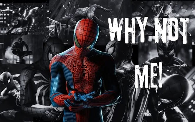 Spider-Man premium movie poster with Spider-Man in center and black-and-white villains in background with Why Not Me