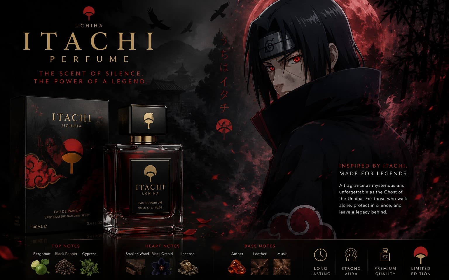 Itachi Uchiha Perfume – Luxury Anime Fragrance Poster | Premium Eau De Parfum Inspired by Naruto | Dark Red Limited Edition
