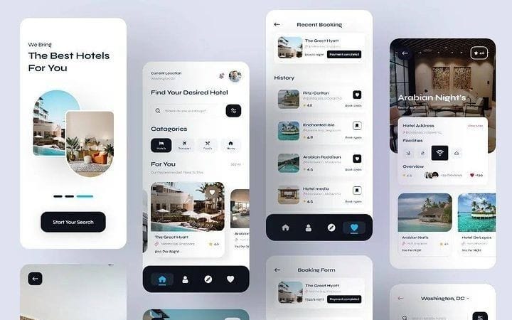 Mobile app UI mockups for Nexus App Builder basic plan with booking screens and hotel search pages