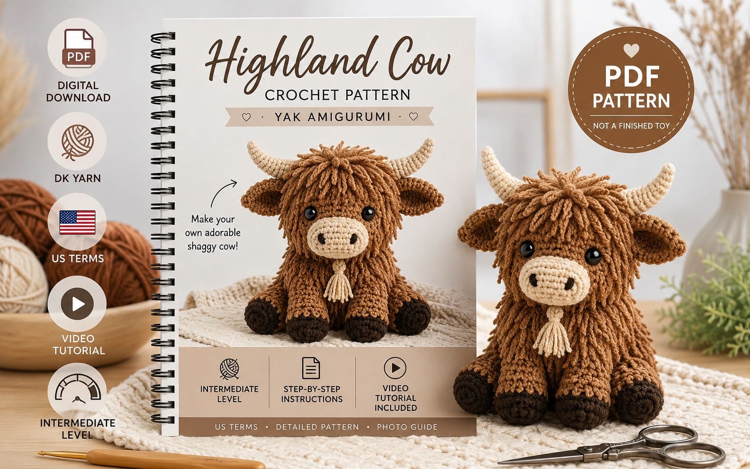 Highland Cow Crochet Pattern PDF with Video Tutorial | Amigurumi Yak Pattern | Shaggy Farm Animal Crochet | Personalised Baby Gifts