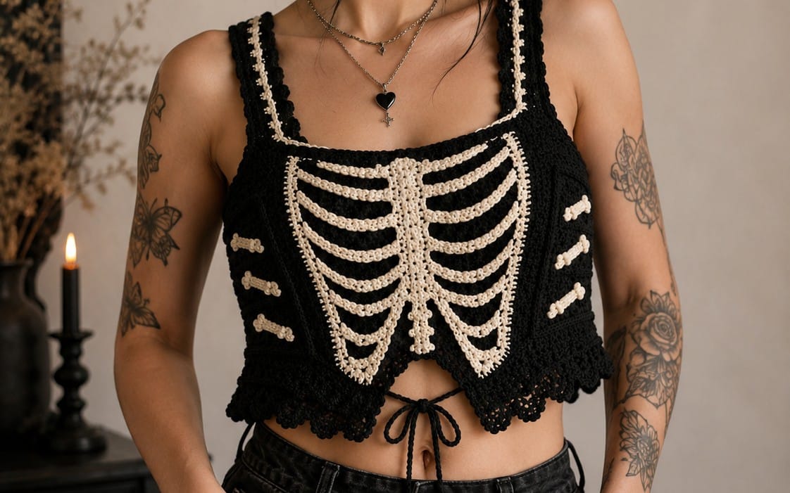 Model wearing a black crochet gothic skeleton ribcage bralette corset with white lace-up lacing detail, pattern PDF