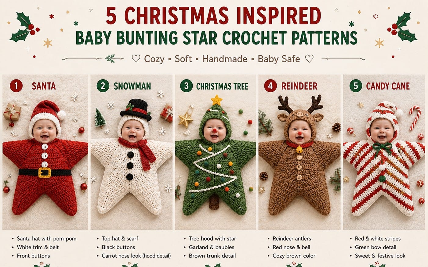 Christmas baby bunting star crochet pattern PDF cover showing five designs with Santa, snowman, tree, reindeer and