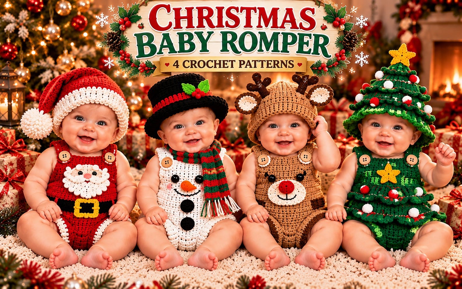 Christmas baby romper crochet patterns banner showing four knitted baby outfits with Santa, snowman, reindeer and tree