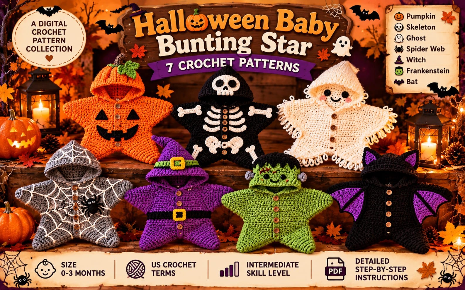 Halloween baby star crochet pattern collection with seven bunting costumes featuring pumpkins skeletons ghosts witches