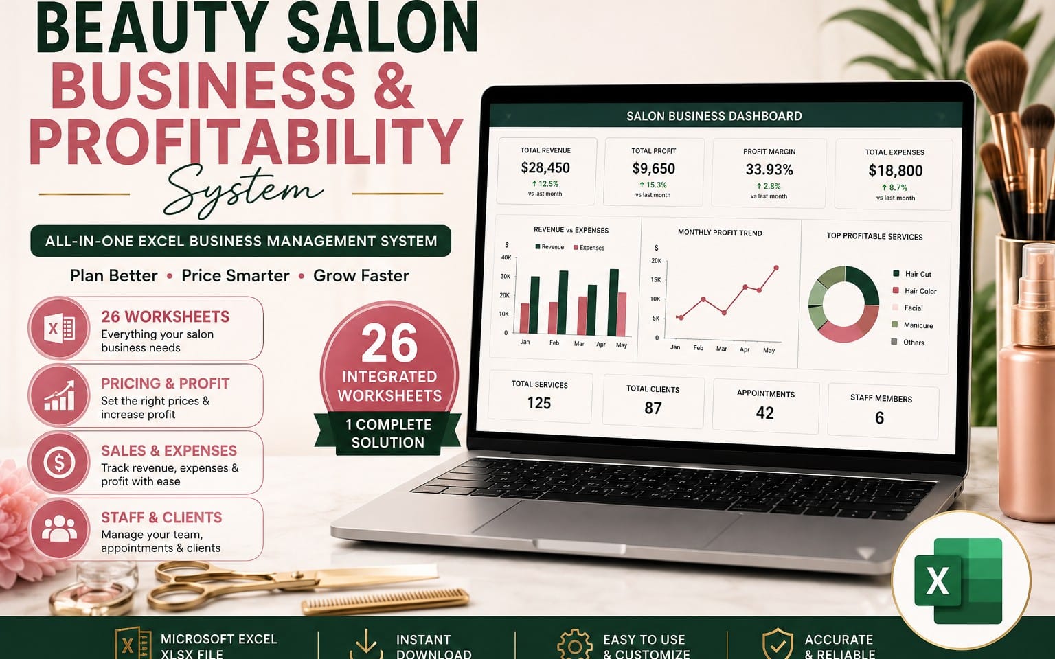 Beauty Salon Business Management & Profitability System — Excel Dashboard, Pricing Calculator, P&L, Staff & Client Tracker