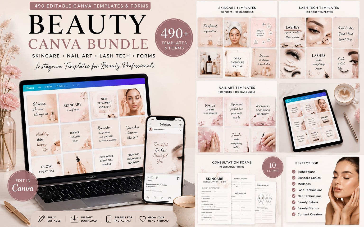 Beauty Canva Templates | Skincare Instagram Templates | Nail & Lash Tech Templates | Carousel Bundle