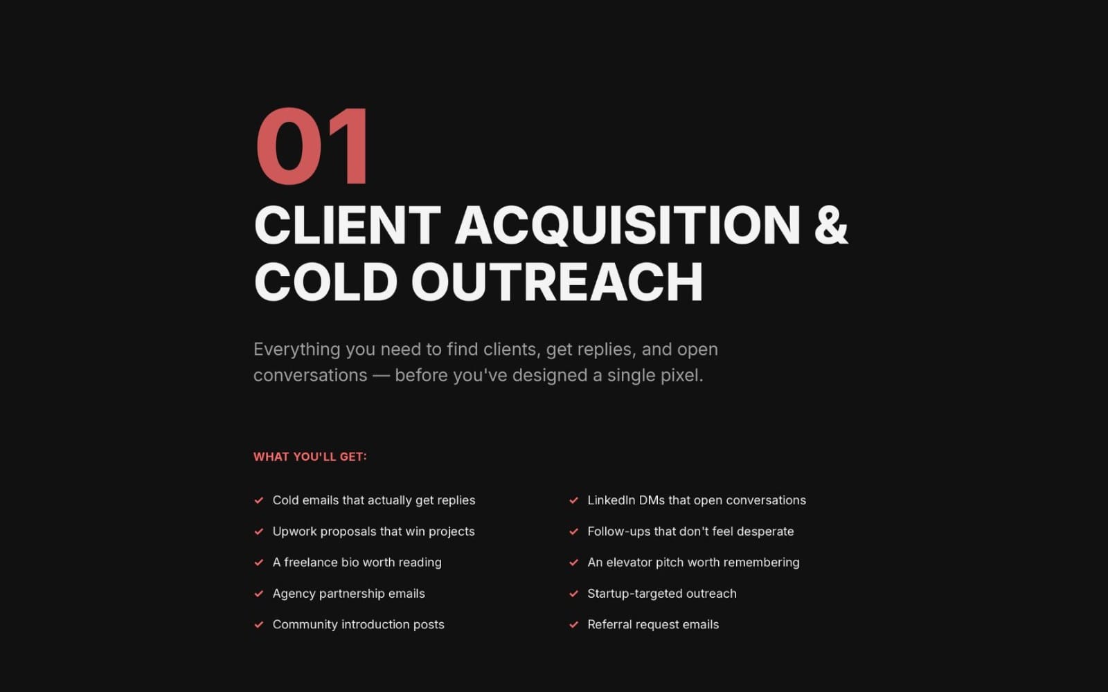 Dark marketing cover for a freelance designer outreach toolkit with bold text and checklist of included scripts