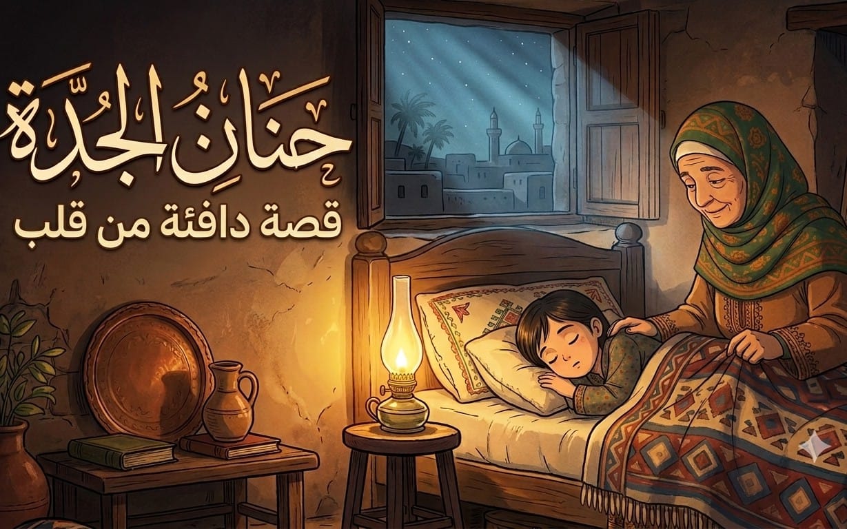 خلفية موشن جرافيك إسلامية 4K مع حلقة سلسة ورسالة عربية تقليدية لرجل وطفل في غرفة مضاءة بلمبة وزخارف