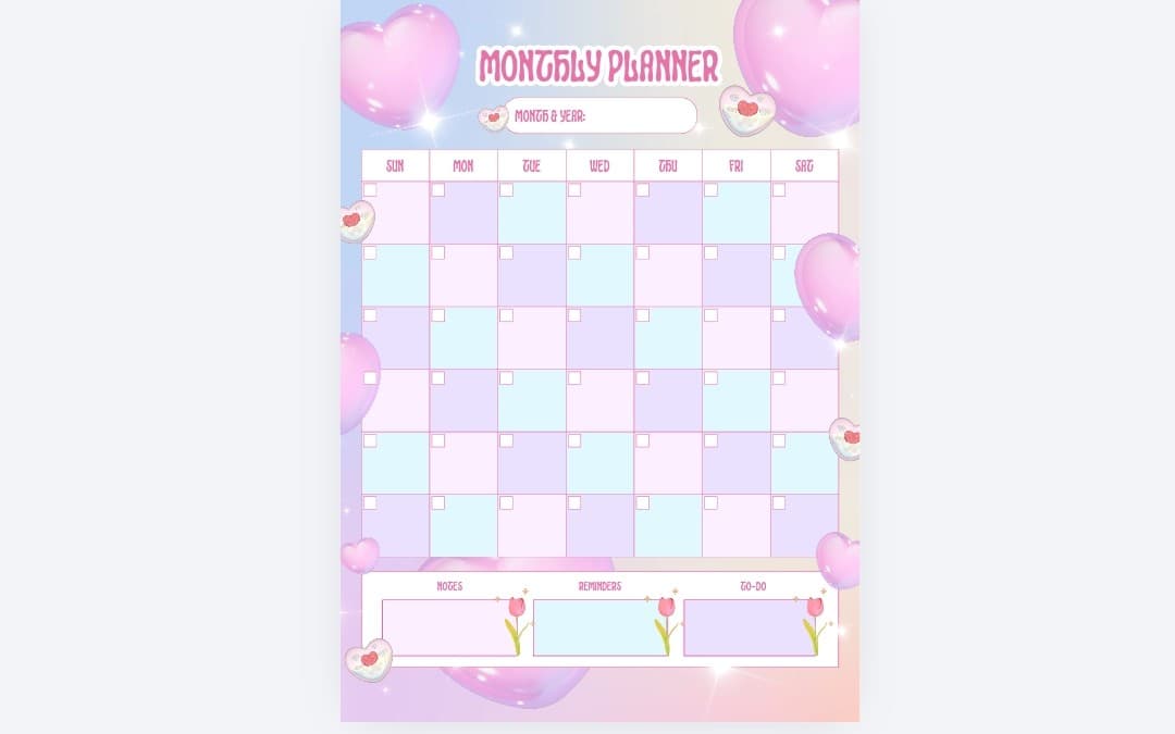 Cute Pink Monthly Planner Printable | Kawaii A4 & US Letter Monthly Calendar | Digital PDF Planner | Productivity & Organization Template