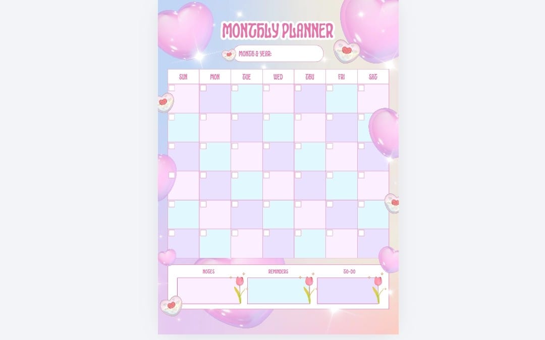 Cute Pink Monthly Planner Printable | Kawaii A4 & US Letter Monthly Calendar | Digital PDF Planner | Productivity & Organization Template