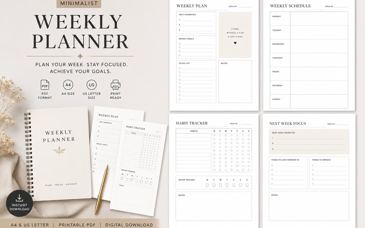 Minimalist Weekly Planner | Printable PDF | Digital Planner | Productivity & Habit Tracker | A4 & US Letter