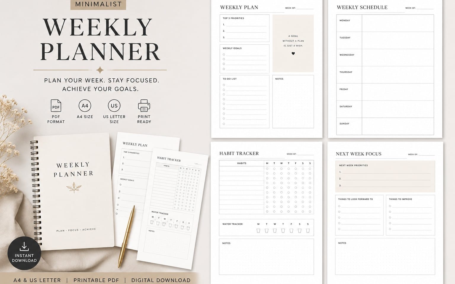 Minimalist Weekly Planner | Printable PDF | Digital Planner | Productivity & Habit Tracker | A4 & US Letter