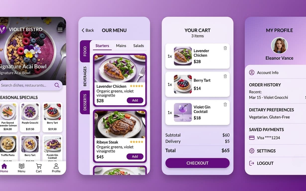 Premium Restaurant Mobile App UI Kit – Modern Purple Food Delivery UI/UX Design | 4 Mobile Screens | Figma & Canva Inspired | Food Ordering App Template
