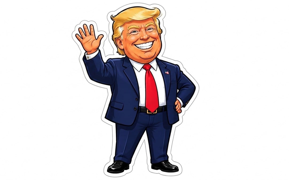 Cartoon Donald Trump waving with a friendly smile in a navy suit die-cut sticker.
