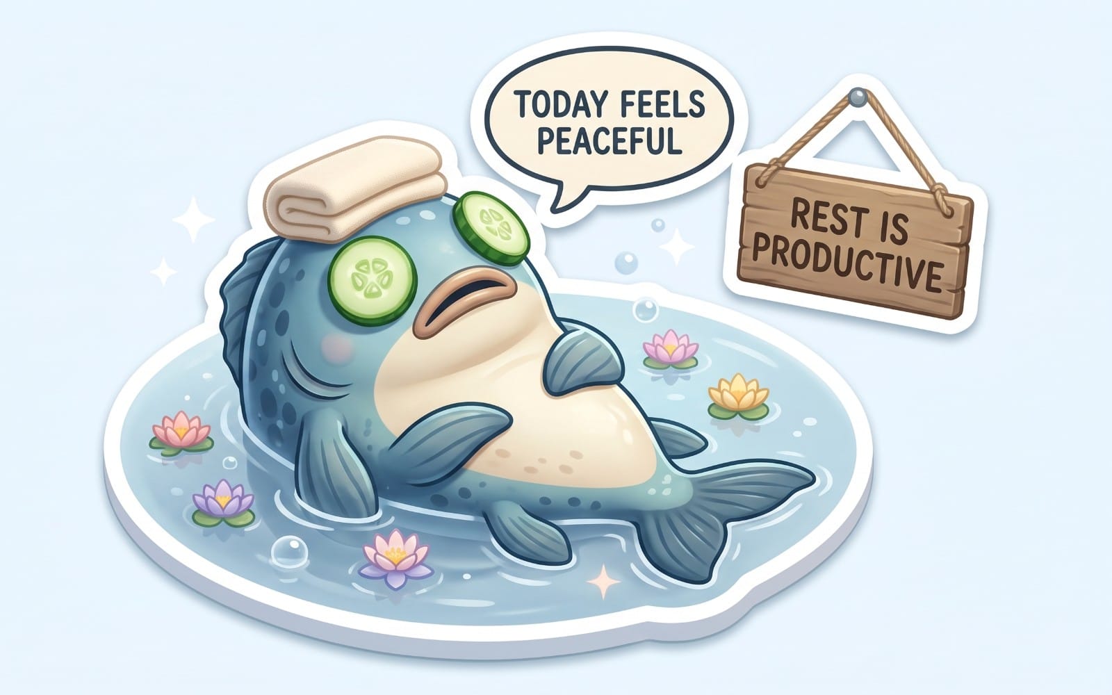 Rest Is Productive Lazy Fish Sticker PNG | Cute Kawaii 3D Relaxing Fish Clipart | Self Care Motivation Digital Sticker | Transparent PNG for Planners, Journals & Cricut