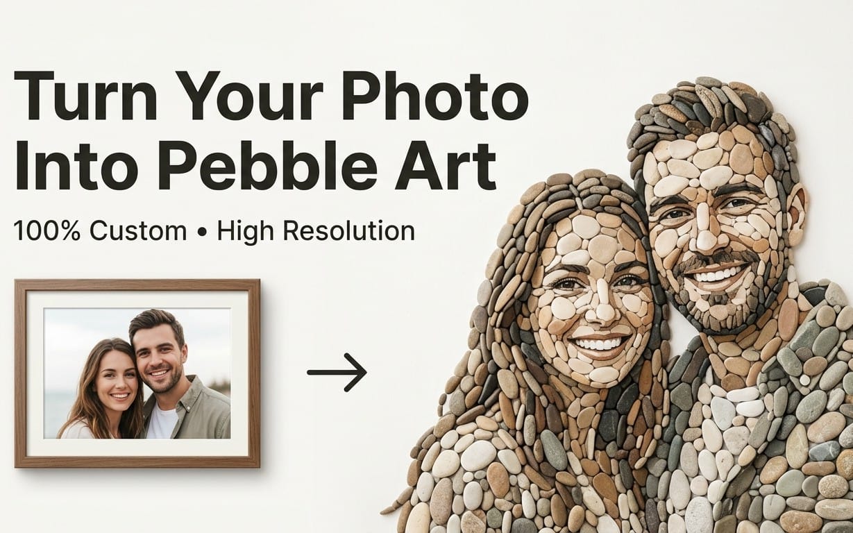 Custom pebble art portrait showing a before and after transformation from a real photo of a couple to a detailed high-resolution stone mosaic artwork on a minimalist background.