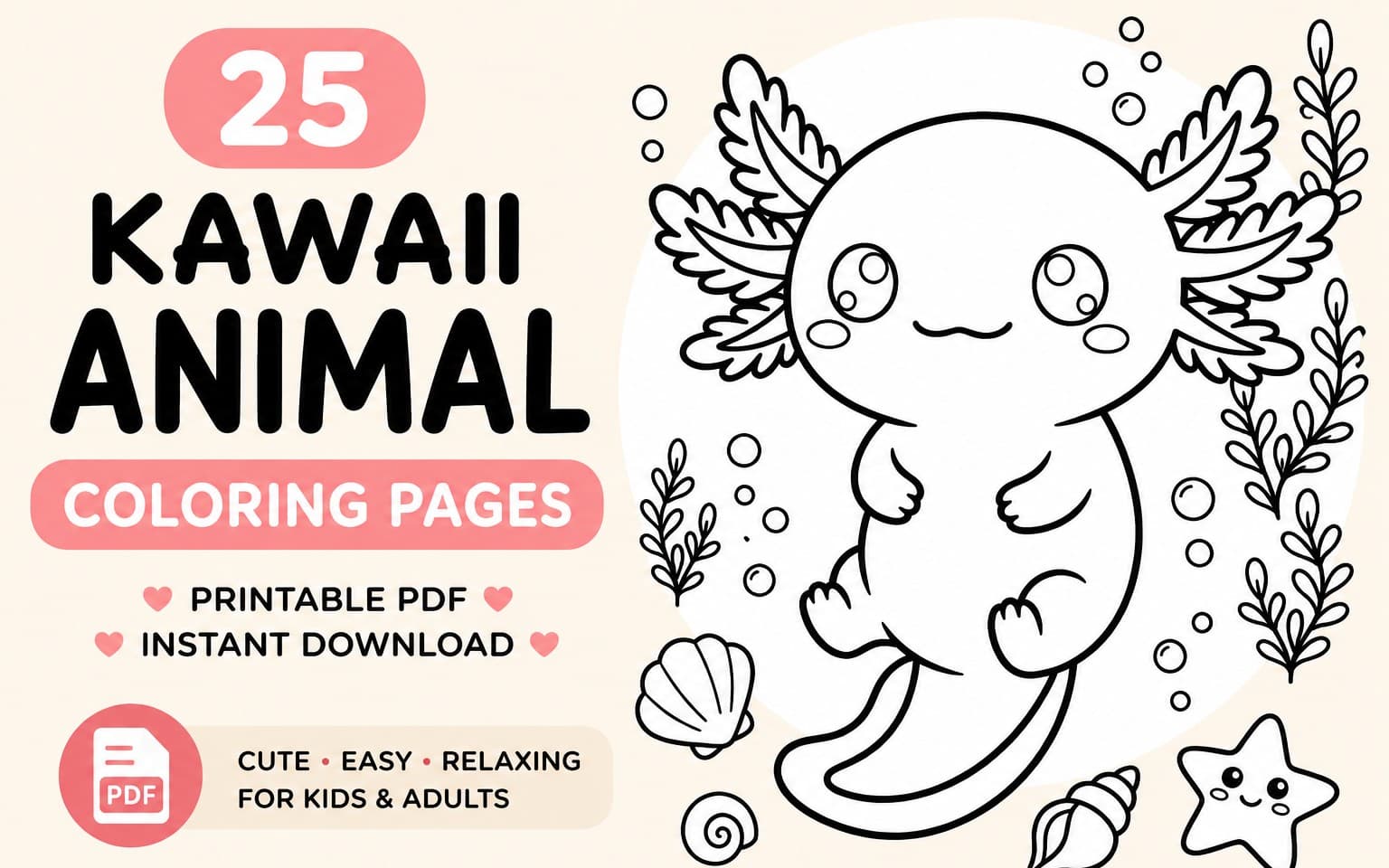 Cute Kawaii Animal Coloring Book PDF | 24 Printable Coloring Pages | Cozy Animals, Stress Relief, Kids & Adults | Instant Digital Download