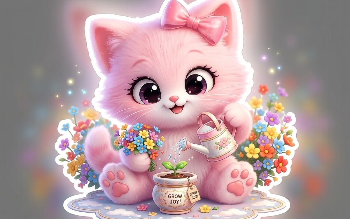 Cute Pink Baby Kitten Reading Storybook Sticker | Kawaii Cartoon PNG | Transparent Die-Cut Digital Sticker