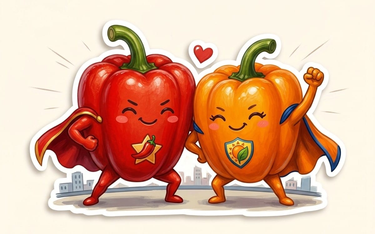 Cute orange and red capsicum best friends smiling together kawaii sticker with hearts.