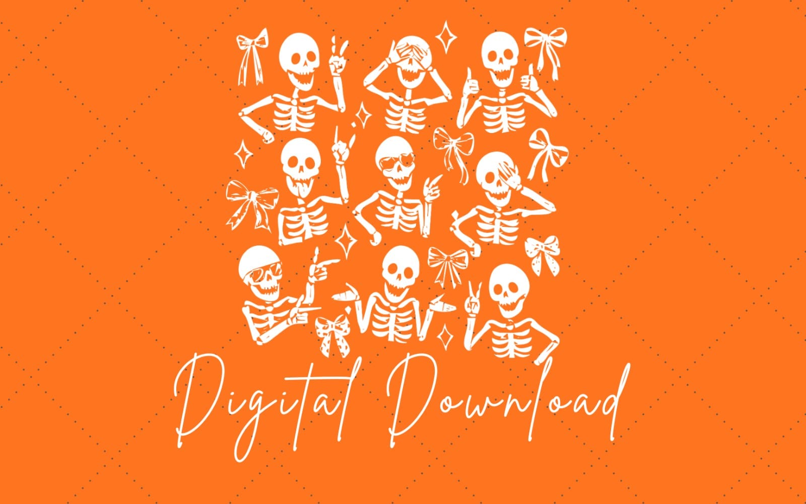 Set of white distressed Halloween skeletons with bats and bows on orange background PNG graphic
