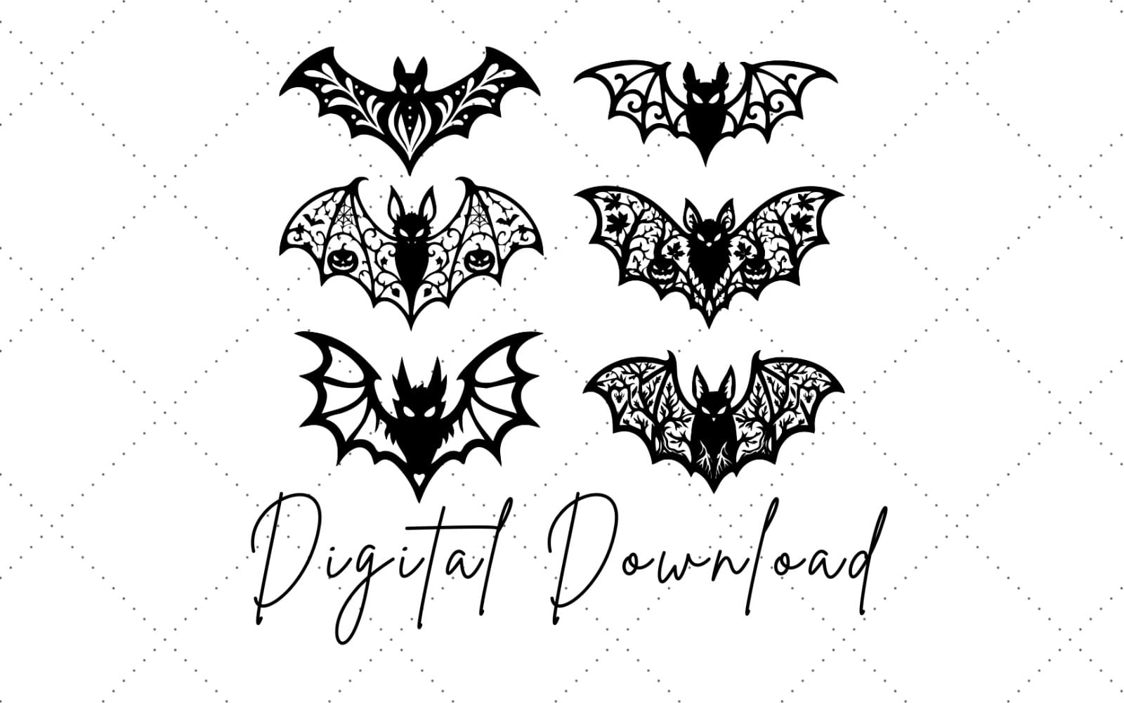 Set of black gothic flying bat SVG designs with floral filigree, Halloween horror style on white background