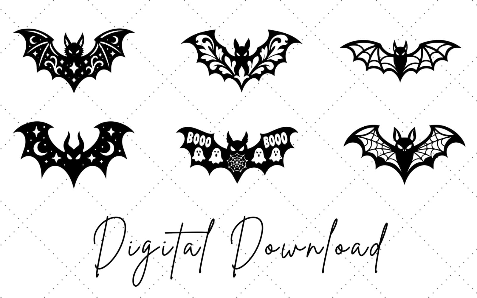 Set of black Halloween bat SVG vector designs with stars, bats, and gothic floral accents on dotted background