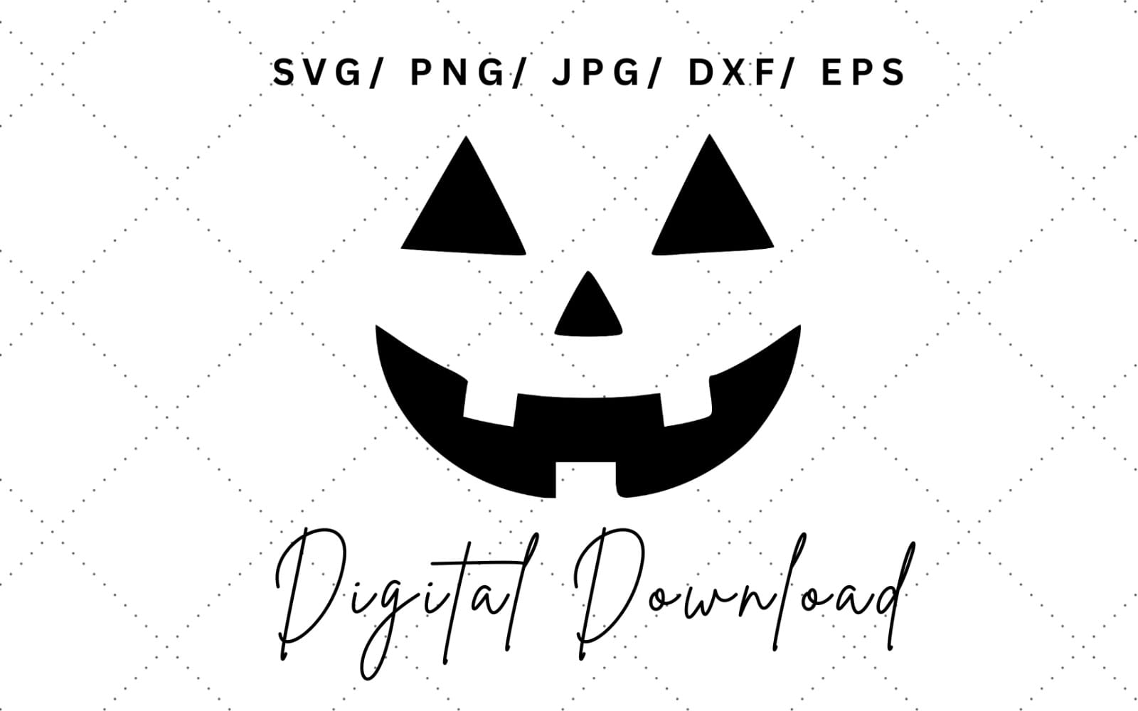 Halloween pumpkin face SVG and PNG cut file with smiling jack-o-lantern design on dotted background