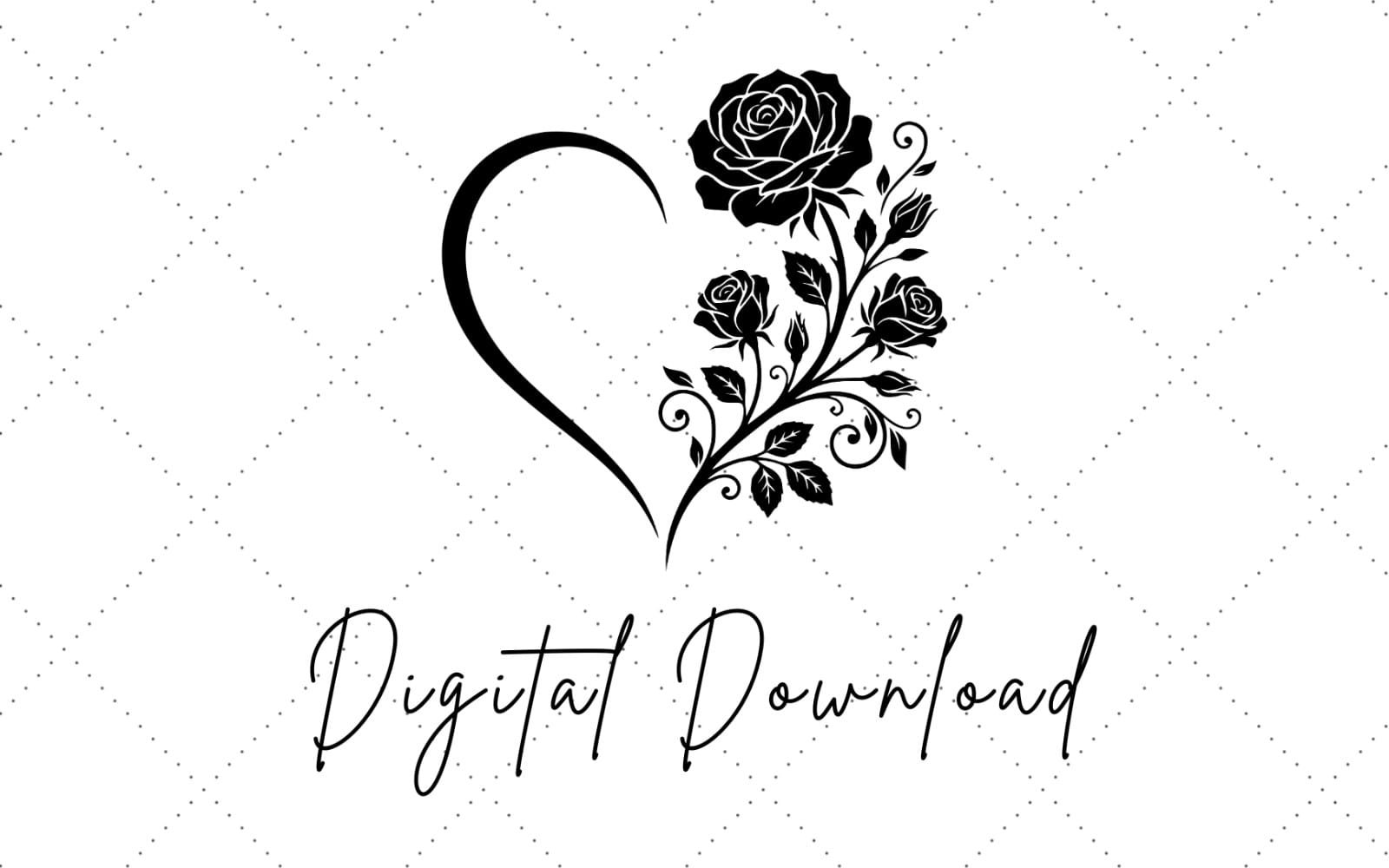 Black rose heart floral SVG PNG clipart with dotted background and handwritten typography text