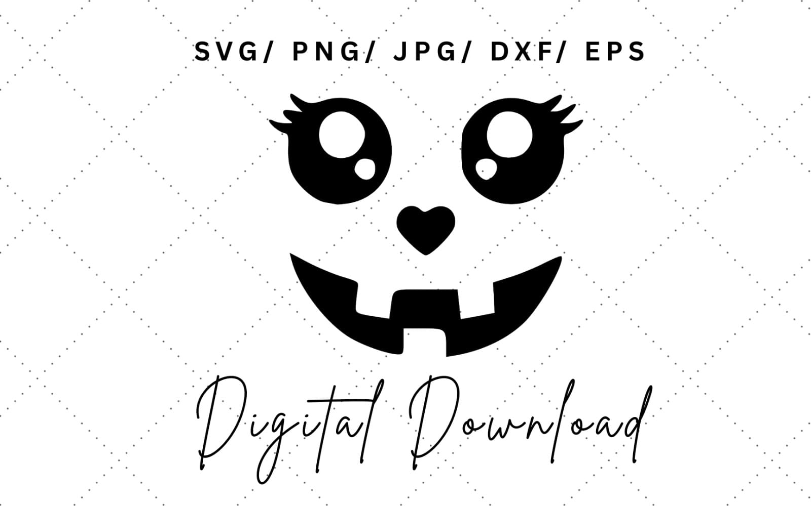 Cute Halloween pumpkin face vector and printable SVG PNG JPG DXF EPS graphic with dotted background and handwritten text