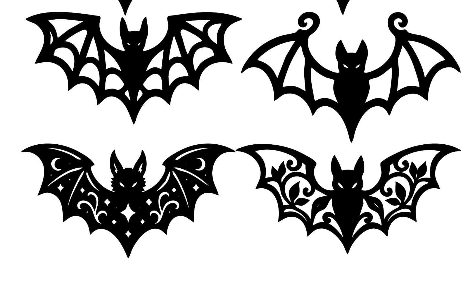 Set of gothic flying bat SVG silhouettes with floral and night sky swirls for Halloween crafts