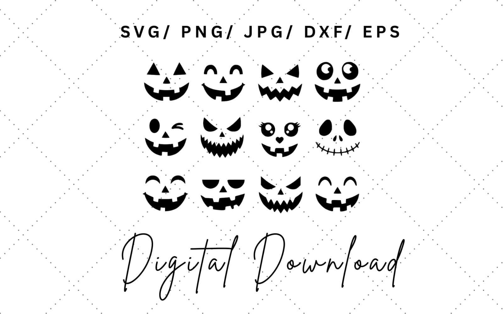 Halloween pumpkin face SVG bundle with multiple spooky jack-o-lantern cut file icons on dotted background