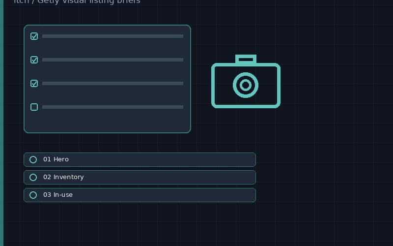 Neon UI mockup screenshot list with checklist and section items for a digital cover and screenshot brief pack