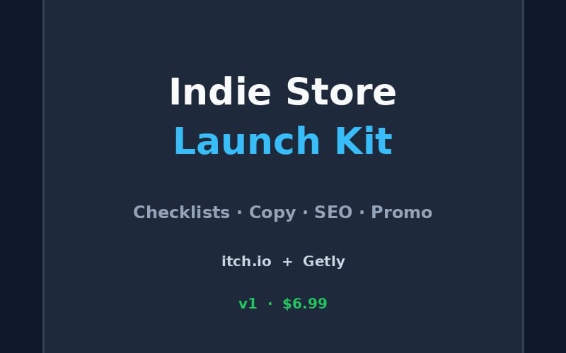 Indie Store Launch Kit title screen with checklists copy SEO promo templates for itch.io and Getly and price info