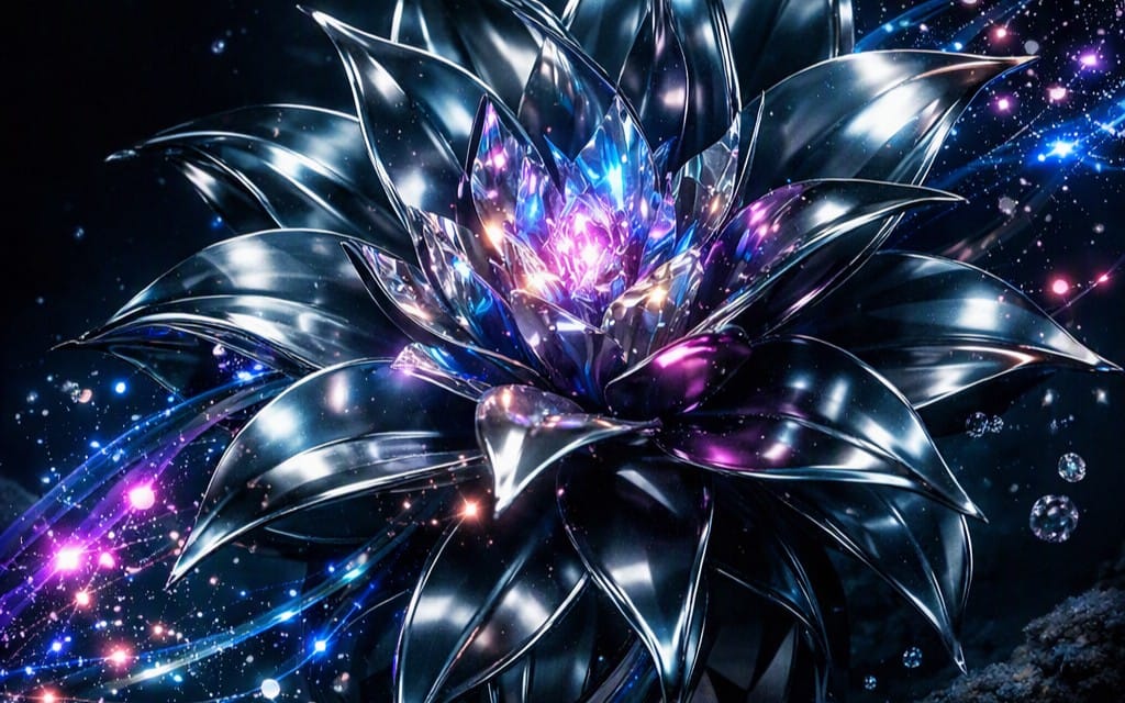Futuristic abstract glowing wallpaper with metallic crystal flower and nebula lights background for digital downloads