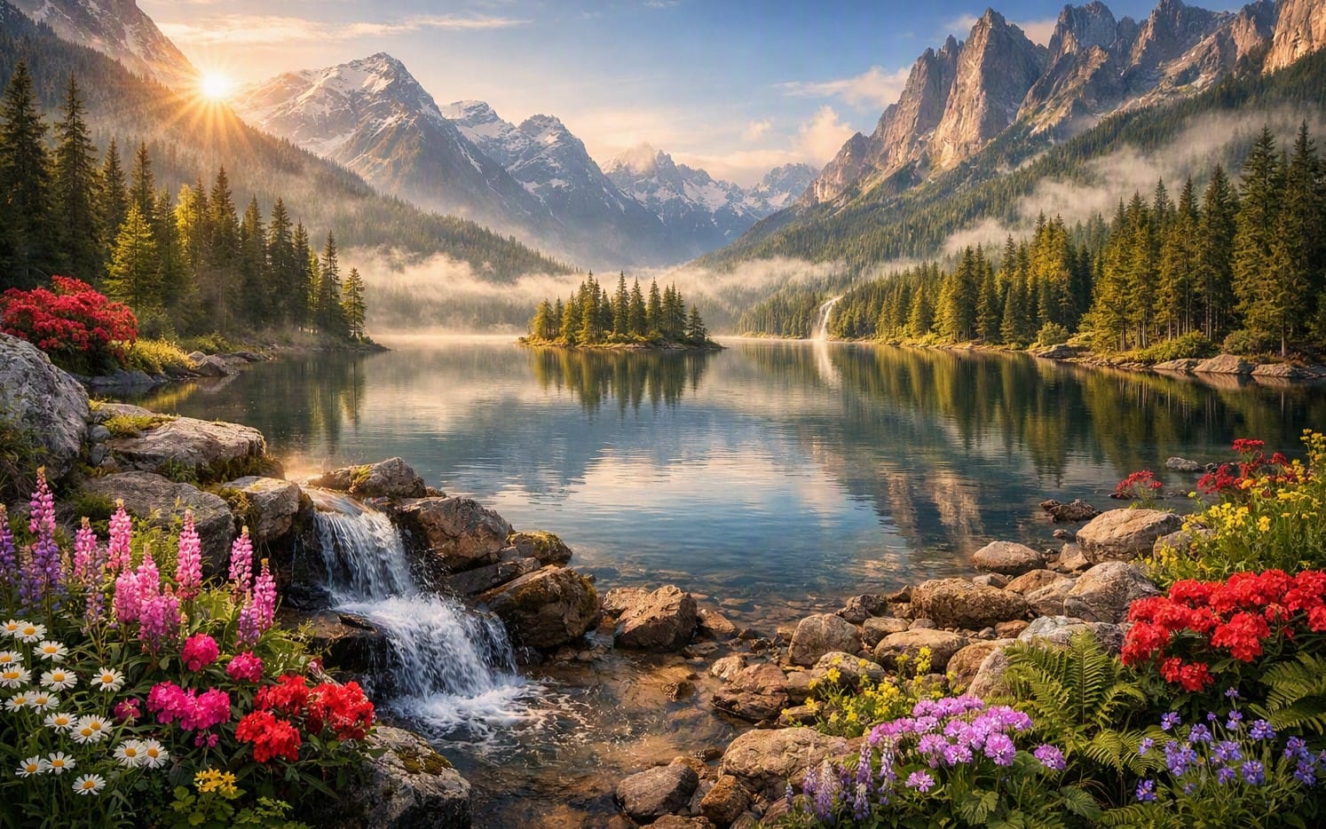 Scenic mountain lake wallpaper with sun rays, mist, forest, flowers, and reflections covering the full wall